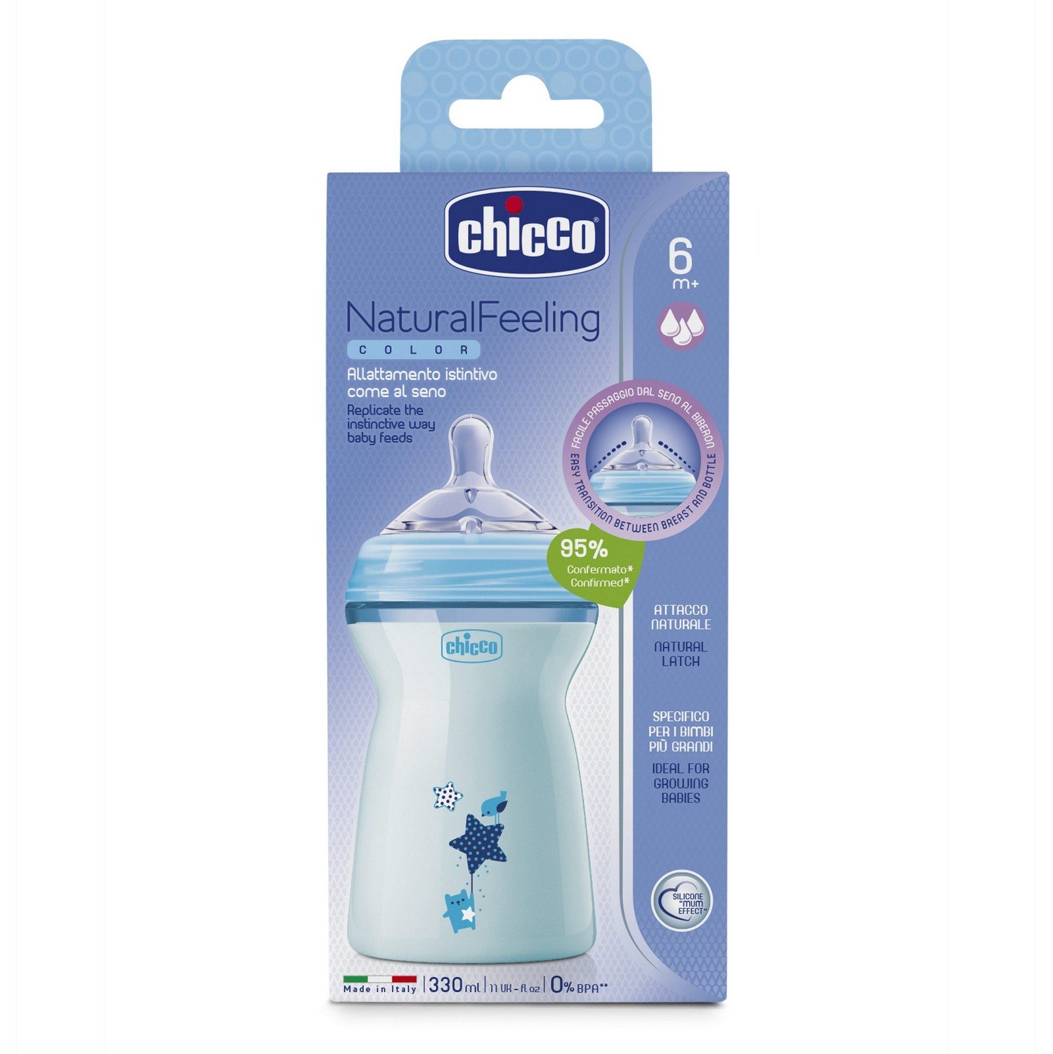 Chicco Natural Feeling 330ml Baby Milk Feeding Bottle with Wide Neck, Anti-Colic for Easy Milk Flow, for Babies & Toddlers 6m+ (Blue) – view 2