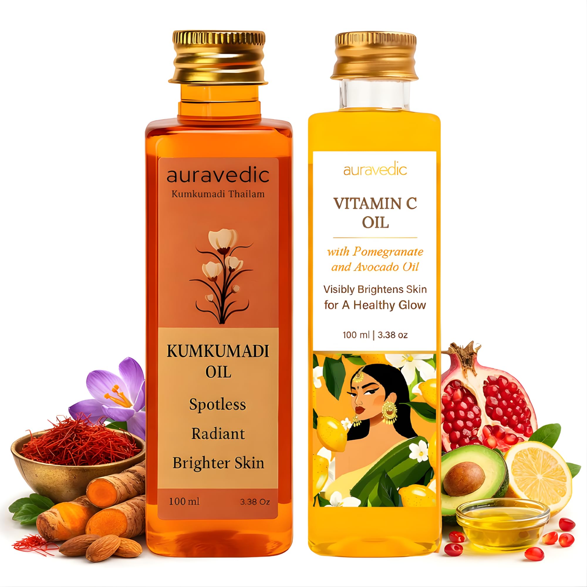 Auravedic face oil duo with Kumkumadi Tailam and vitamin C