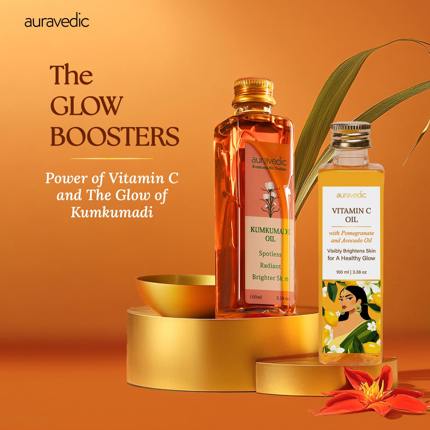 Auravedic Kumkumadi Tailam & Vitamin C Face Oil, Pack of 2 (100ml Each), Glow-Boosting Face & Body Oil With Rosehip For Bright, Radiant Skin, After Bath Daily Use – view 2