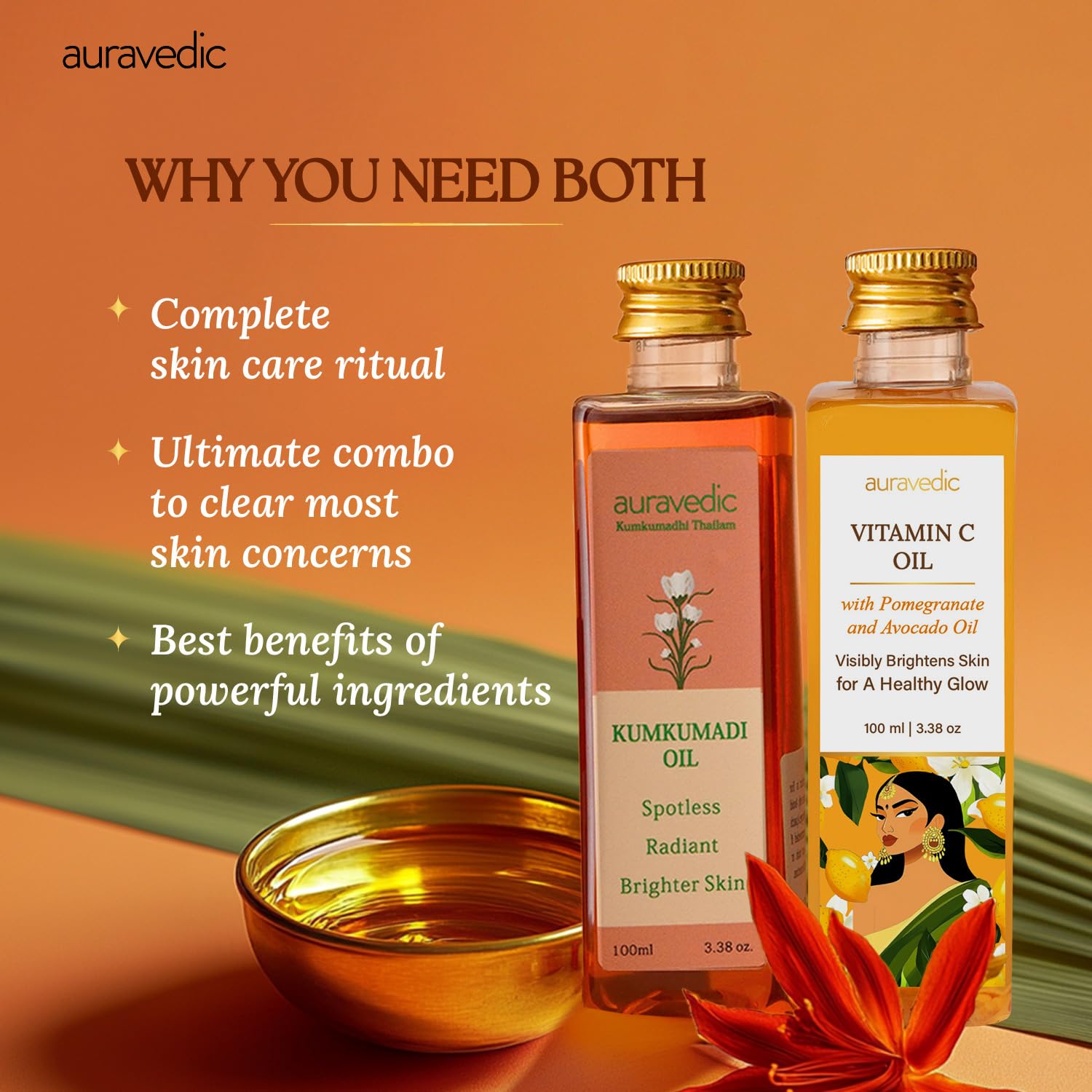 Auravedic Kumkumadi Tailam & Vitamin C Face Oil, Pack of 2 (100ml Each), Glow-Boosting Face & Body Oil With Rosehip For Bright, Radiant Skin, After Bath Daily Use – view 3