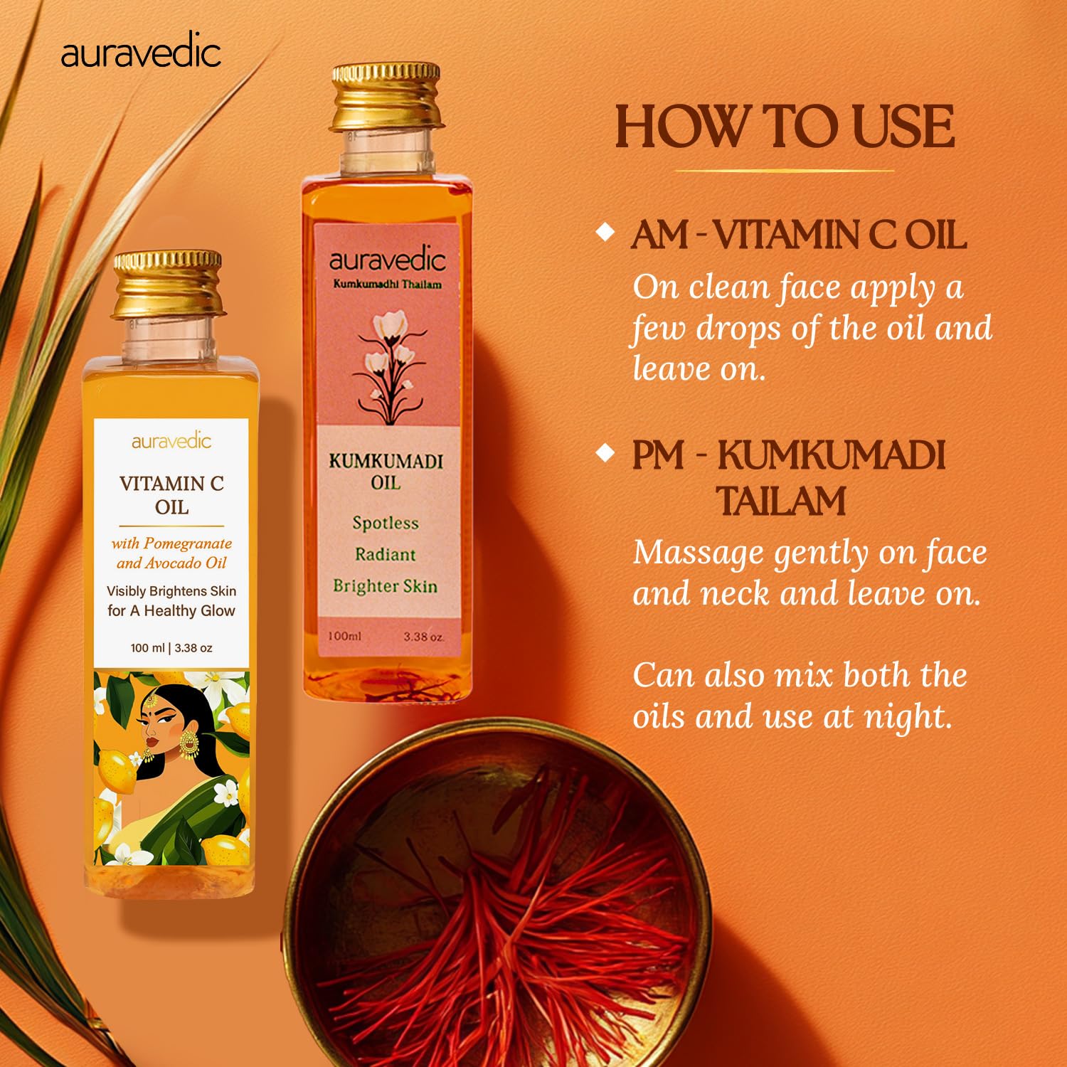 Auravedic Kumkumadi Tailam & Vitamin C Face Oil, Pack of 2 (100ml Each), Glow-Boosting Face & Body Oil With Rosehip For Bright, Radiant Skin, After Bath Daily Use – view 6