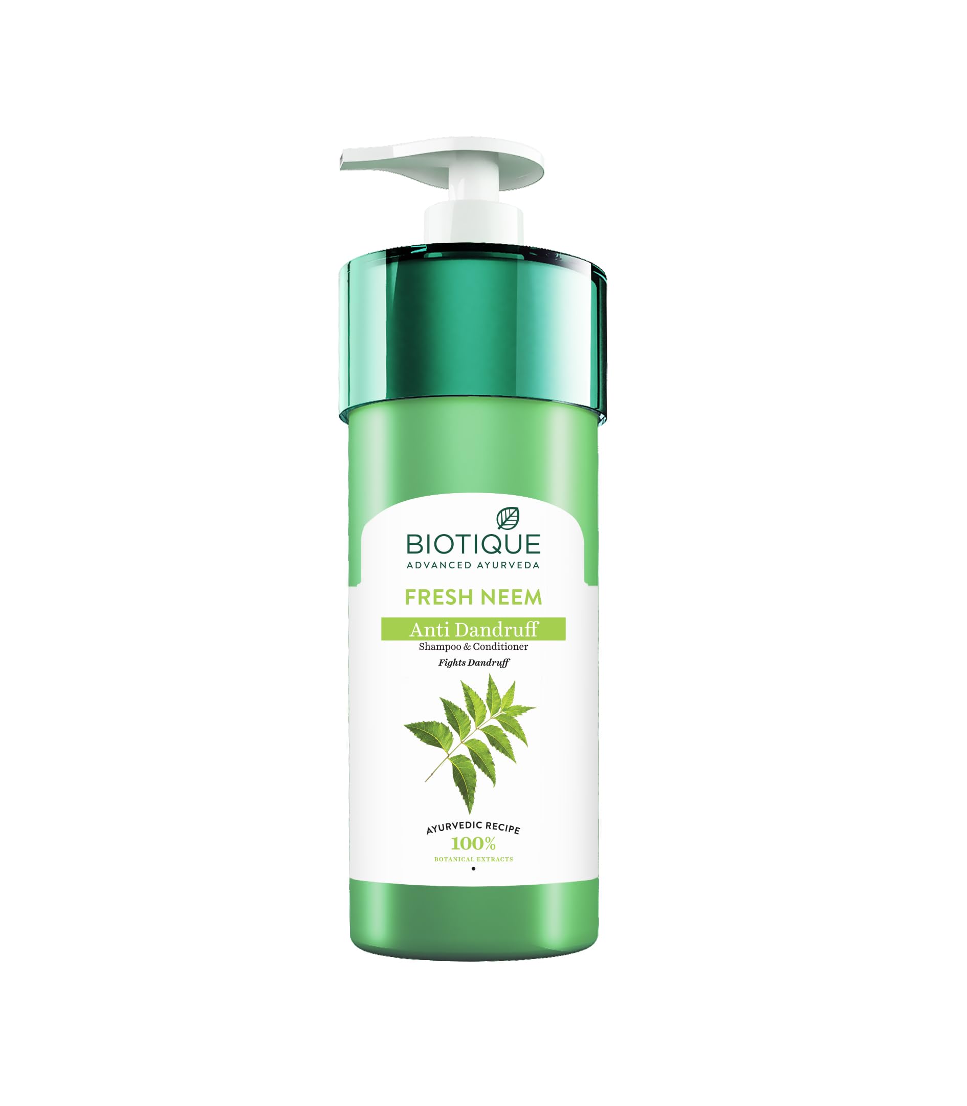 Front view of Biotique Fresh Neem dandruff shampoo bottle