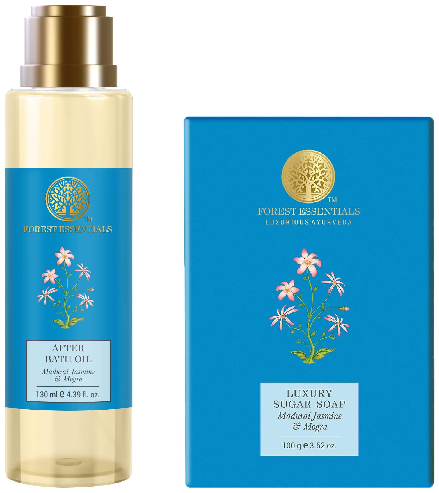 Forest Essentials jasmine mogra bath combo with oil and sugar soap