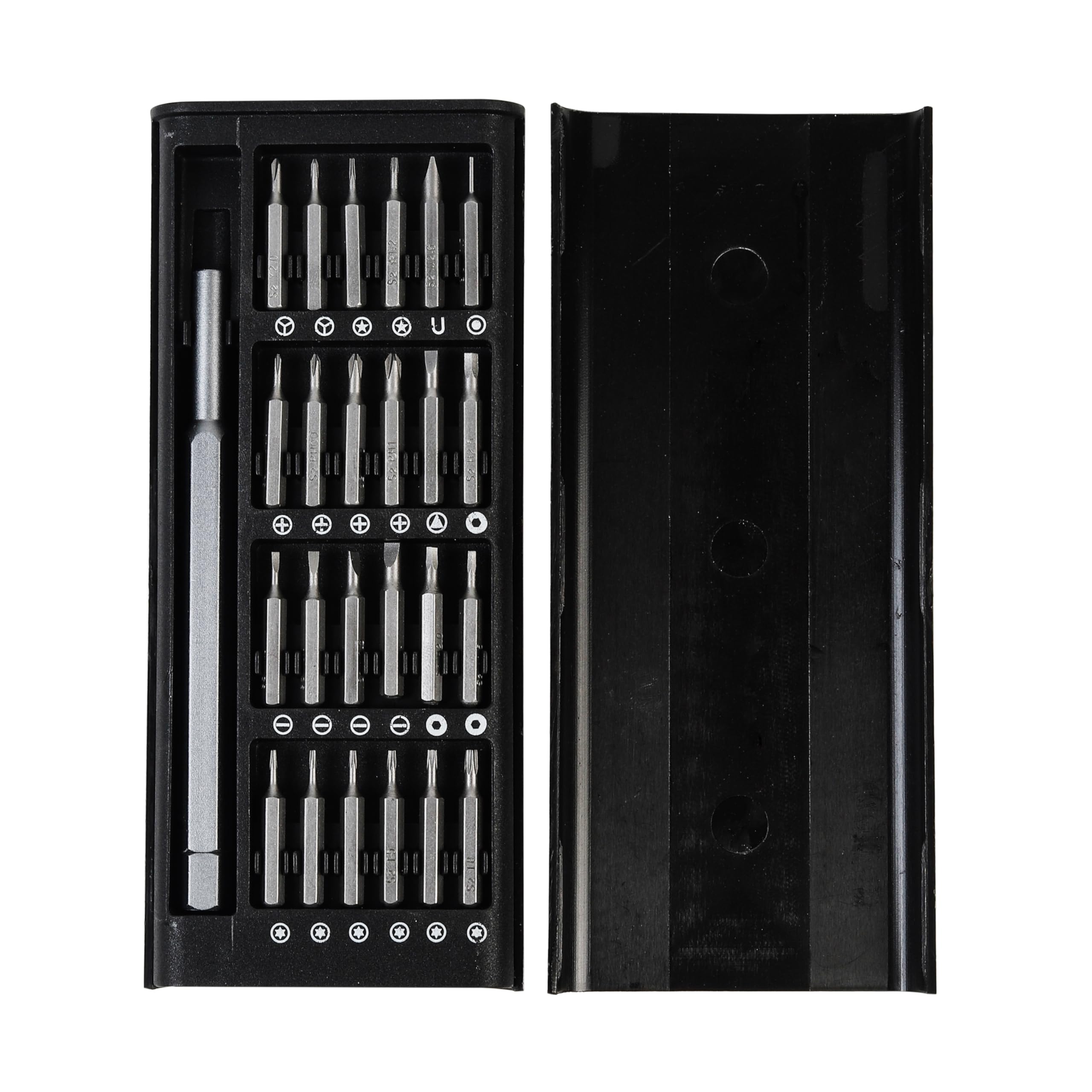 Compact magnetic precision screwdriver kit with 24 micro bits and case