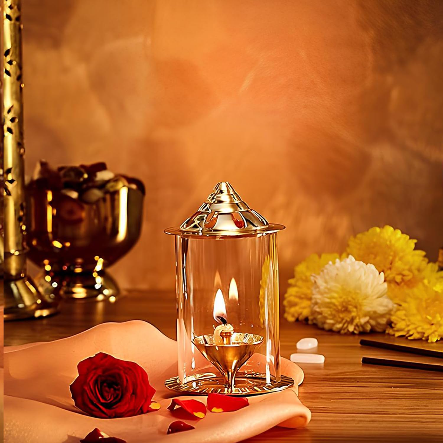 Klassic Navjyoti 4 Inch Akhand Diya with Borosilicate Shade for Mandir, Decorative Brass & Oil Lamp Lantern Diya with Glass Cover for Prayers, Cylindrical Borosilicate Brass Diya (Pack of 1)