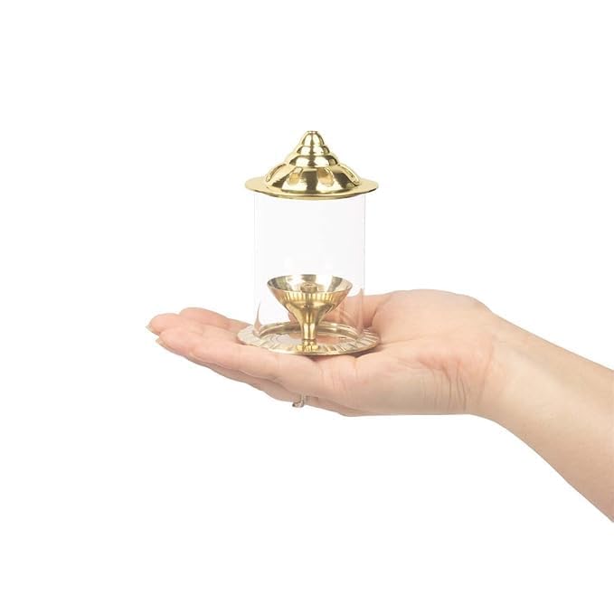 Klassic Navjyoti 4 Inch Akhand Diya with Borosilicate Shade for Mandir, Decorative Brass & Oil Lamp Lantern Diya with Glass Cover for Prayers, Cylindrical Borosilicate Brass Diya (Pack of 1) – view 2
