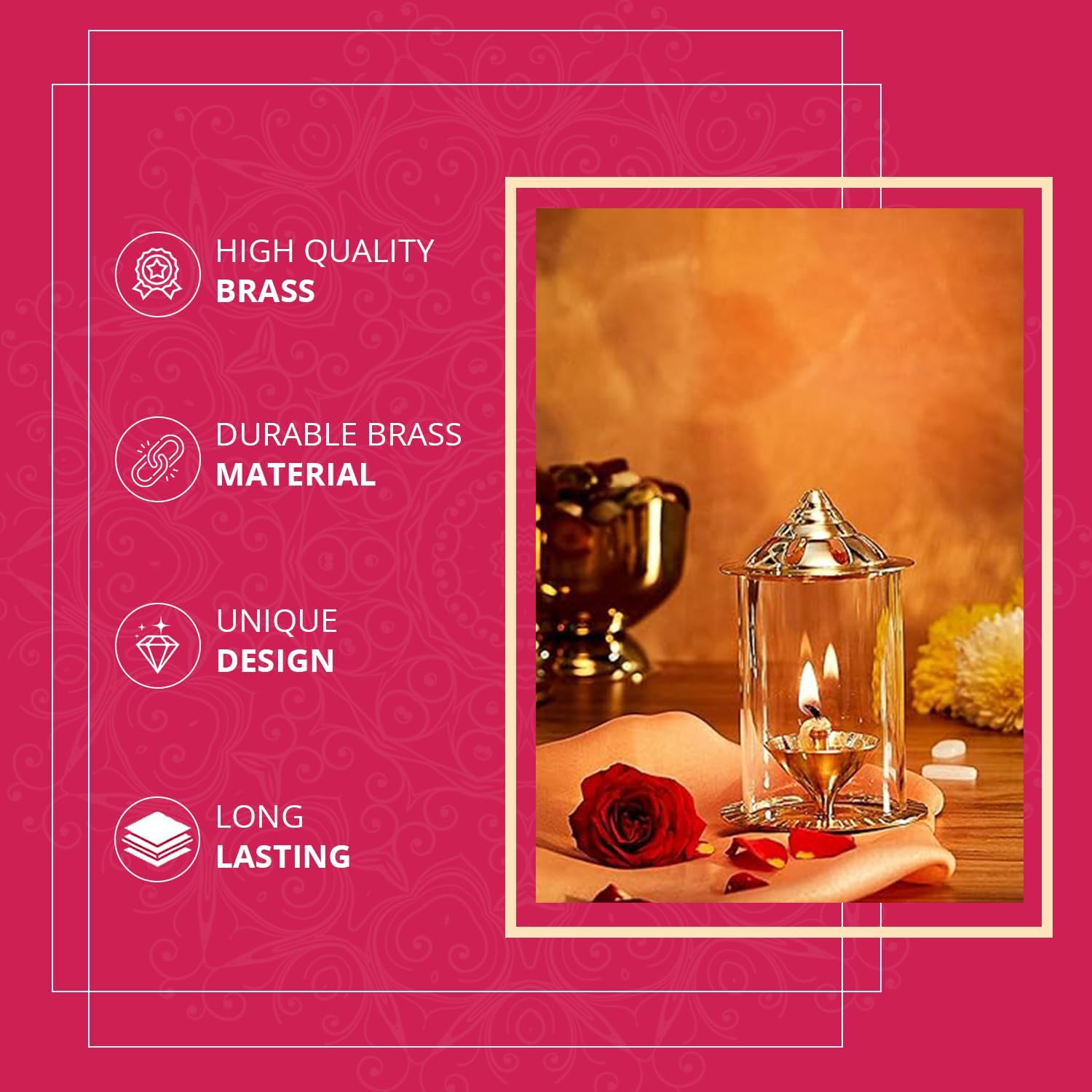 Klassic Navjyoti 4 Inch Akhand Diya with Borosilicate Shade for Mandir, Decorative Brass & Oil Lamp Lantern Diya with Glass Cover for Prayers, Cylindrical Borosilicate Brass Diya (Pack of 1) – view 4