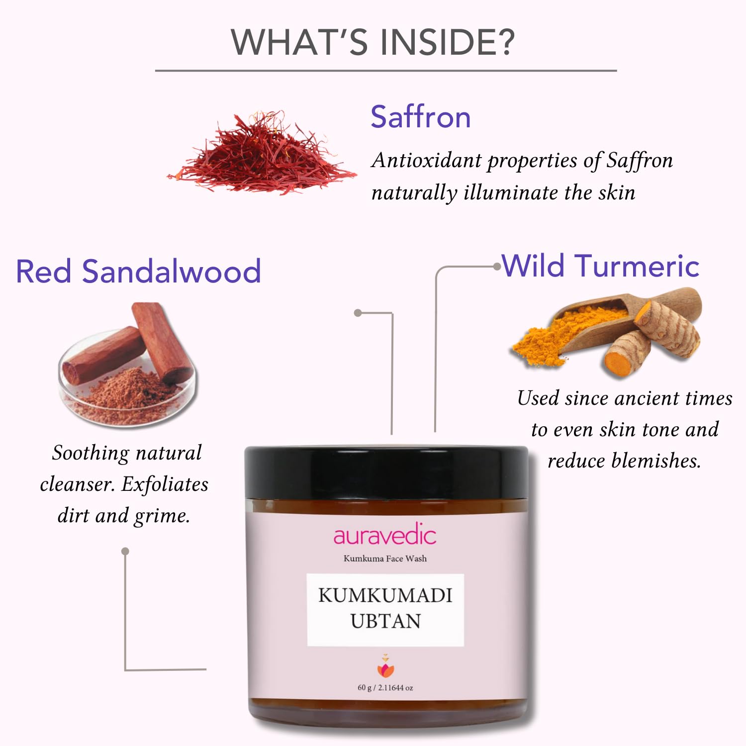 Auravedic Kumkumadi Tailam Ubtan Face Wash For Glowing Skin Kumkumadi Oil Ubtan Powder Face Cleanser For Skin Brightening All Natural Dried Herbs Flowers Paraben Free 60gm – view 4