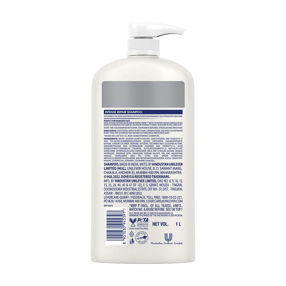 Dove Intense Repair Shampoo 1 L, Repairs Dry and Damaged Hair, Strengthening Shampoo for Smooth & Strong Hair - Mild Daily Shampoo for Men & Women – view 2