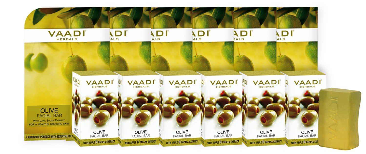 Box of six Vaadi Herbals olive facial bars, 25 gm each
