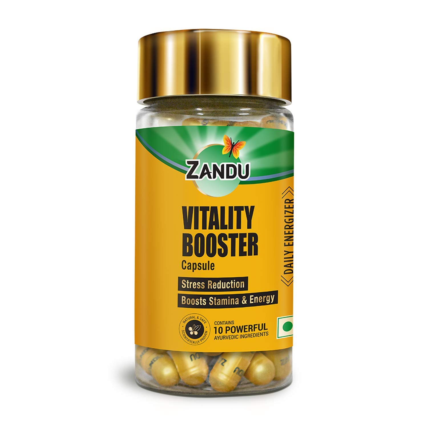 Front view of Zandu Vitality Booster capsule bottle