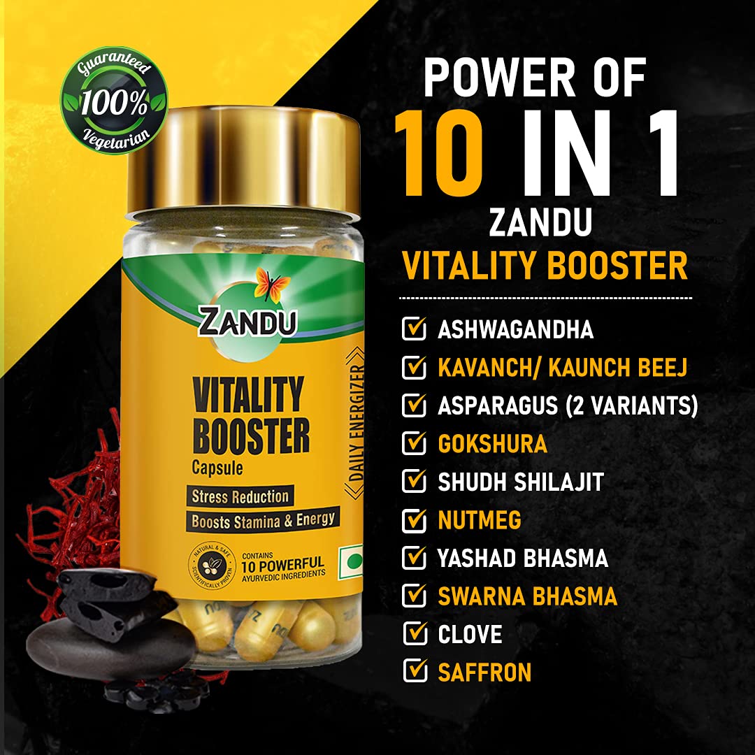 Zandu Vitality Booster Capsule, With Goodness of Ashwagandha, Safed Musli, Gokshur, Shuddha Shjilajit, Helps to Boost Energy and Strength - Pack of 60 Veg Capsules – view 2