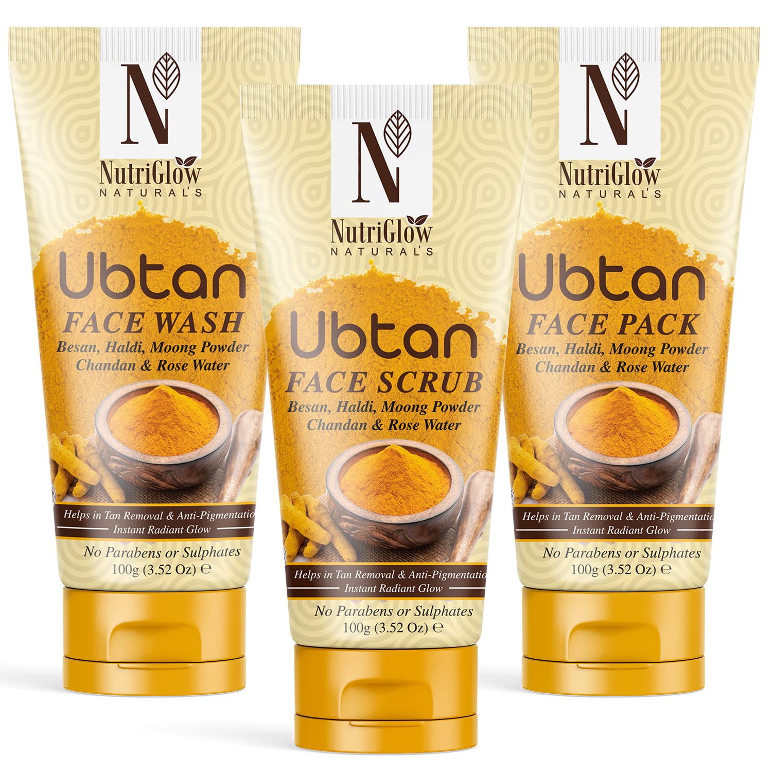 Three-piece ubtan skincare set with face wash scrub and pack