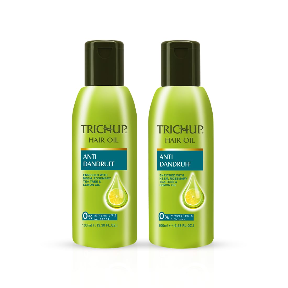 Trichup hair oil bottles with neem lemon rosemary tea tree