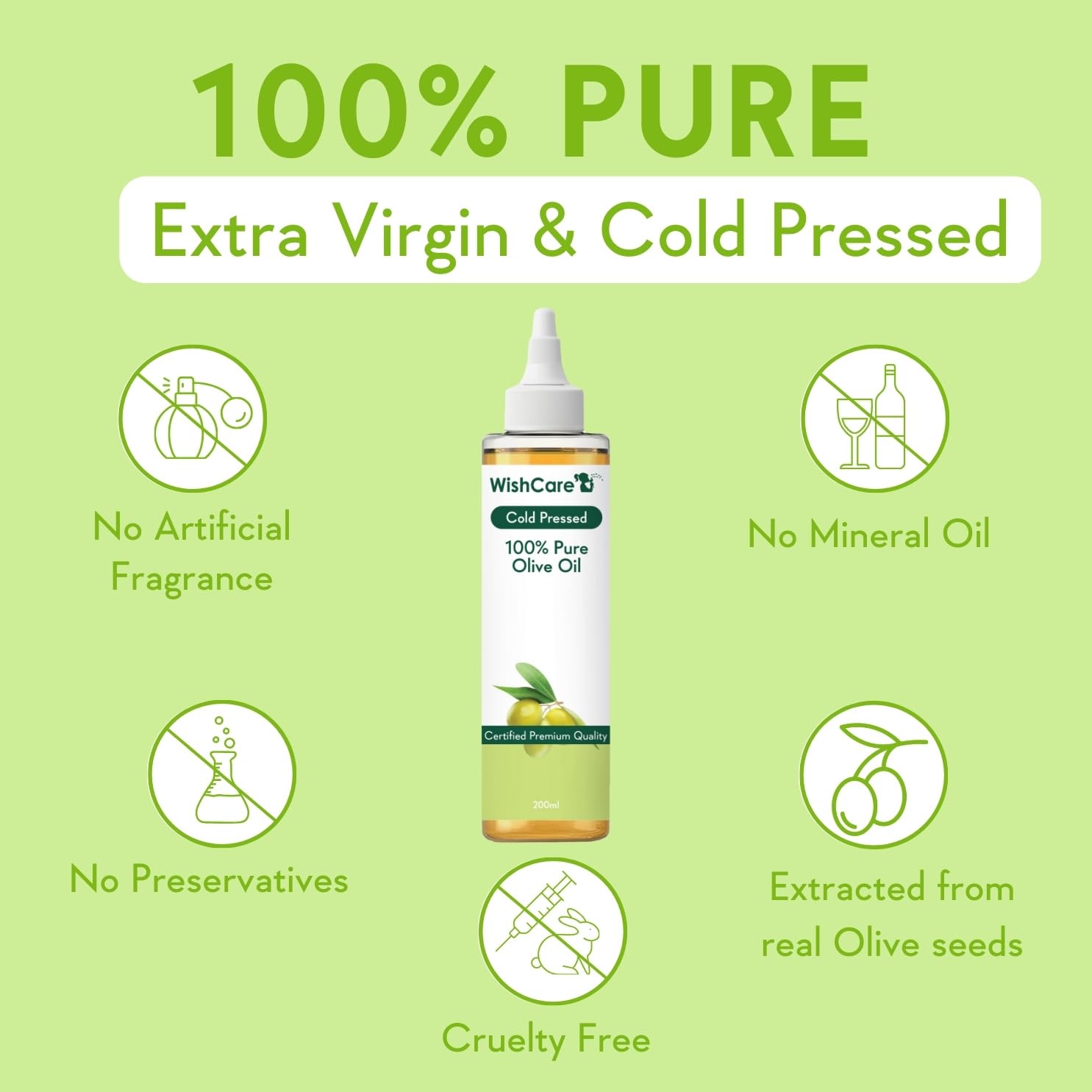 WishCare 100% Pure Premium Cold Pressed Olive Oil for Hair & Skin - 200ml – view 3