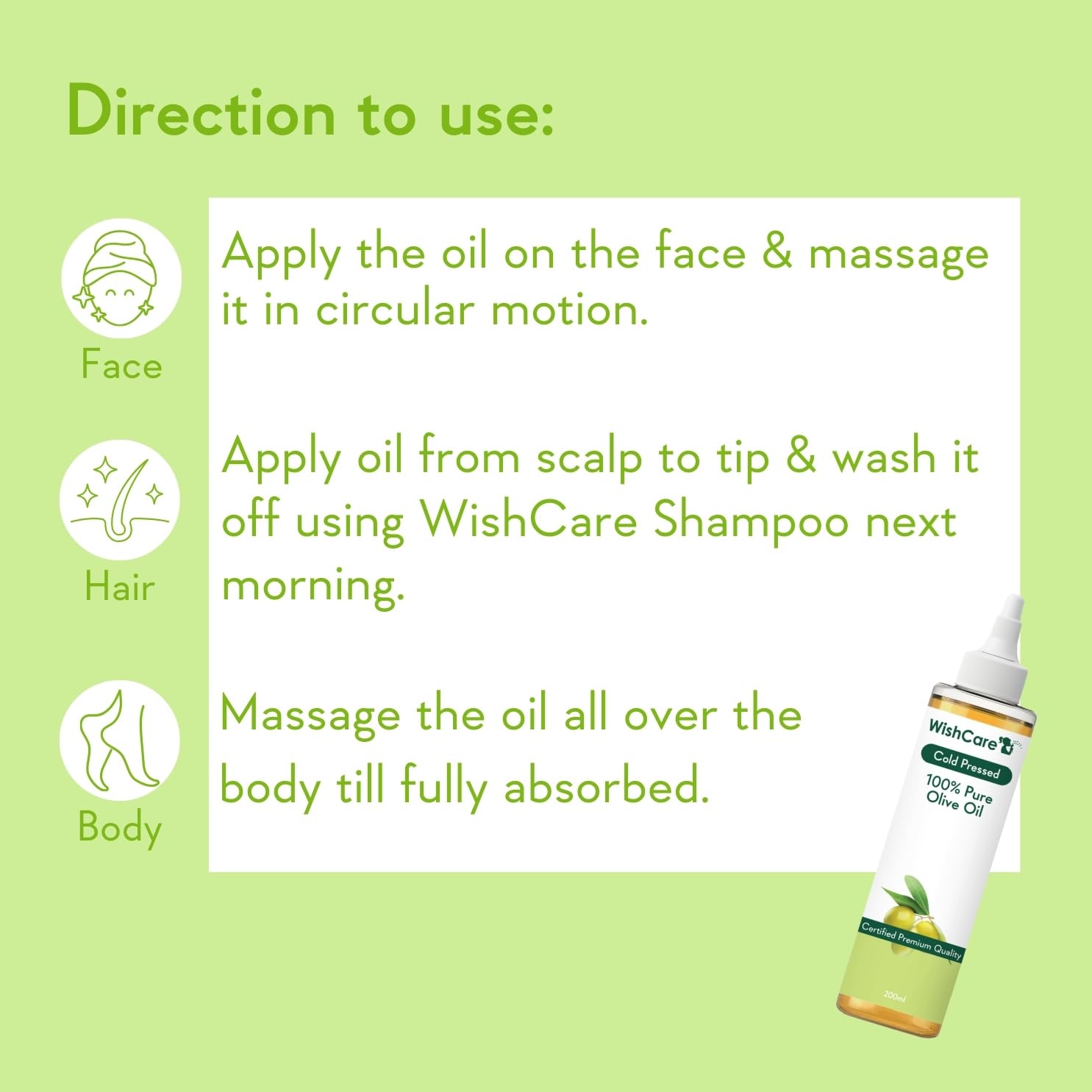 WishCare 100% Pure Premium Cold Pressed Olive Oil for Hair & Skin - 200ml – view 5