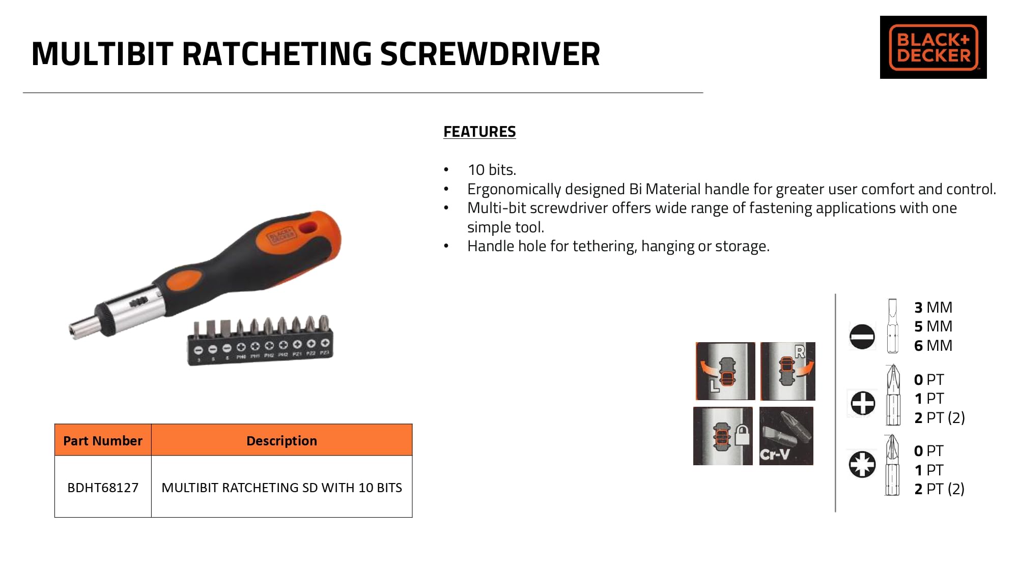 BLACK+DECKER Phillips BDHT68127 Steel Multi-Bit Ratcheting SD - SL3SL5SL6Ph0Ph12xPh2PZ1PZ2PZ3 (24 cm) Set of 10 Pieces – view 5