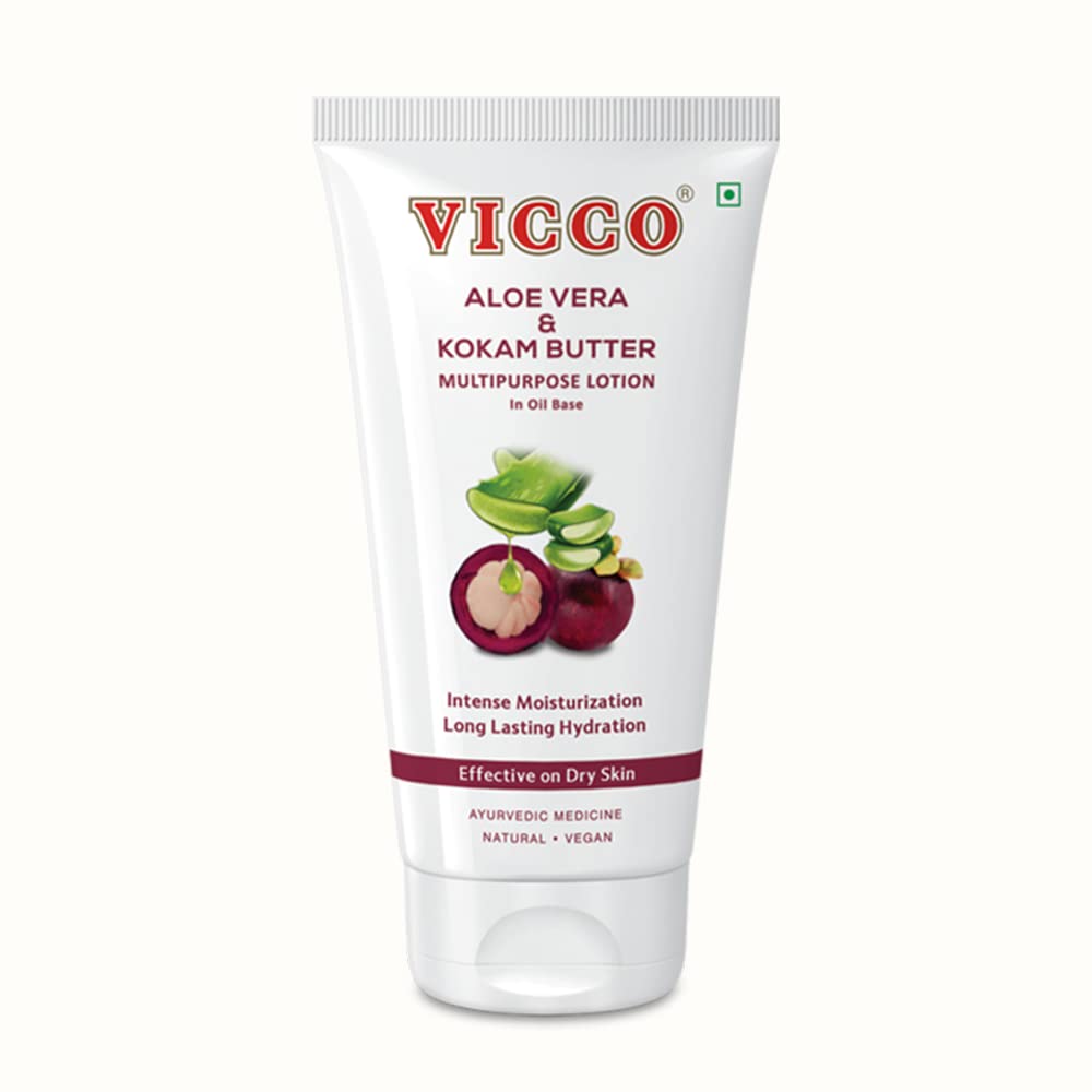 Front view of Vicco Aloe Vera and Kokam Butter lotion bottle
