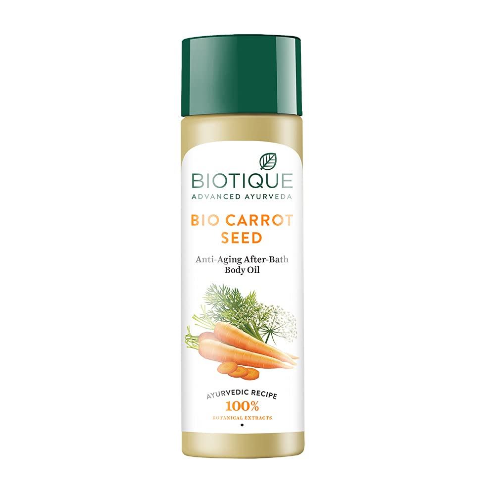 Biotique Carrot Seed body oil bottle for after-bath skin care