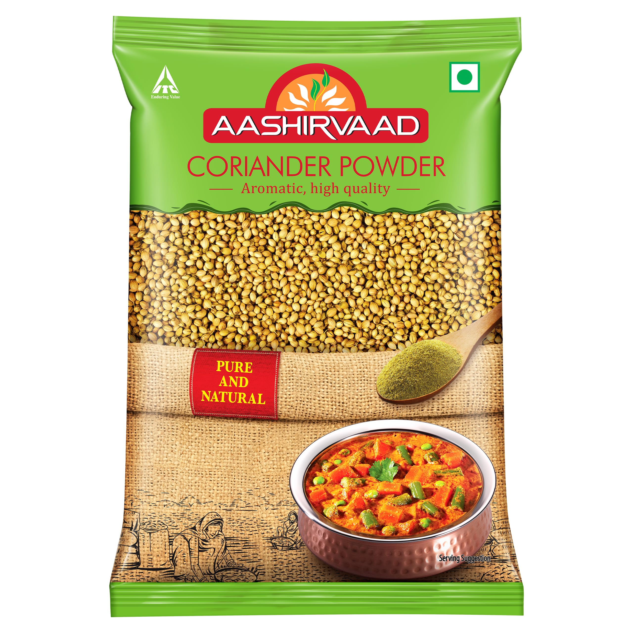 Front-facing Aashirvaad coriander powder bag with 500g pack size