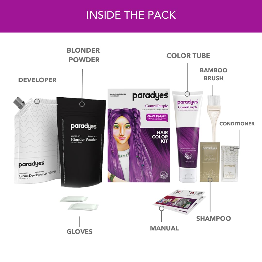 Paradyes Comrii Purple Semi-Permanent Hair Color Kit: Ammonia-Free, Lasts 8+ Washes, Ideal for Dark Hair, Enriched with Nourishing Conditioner Crème – view 2