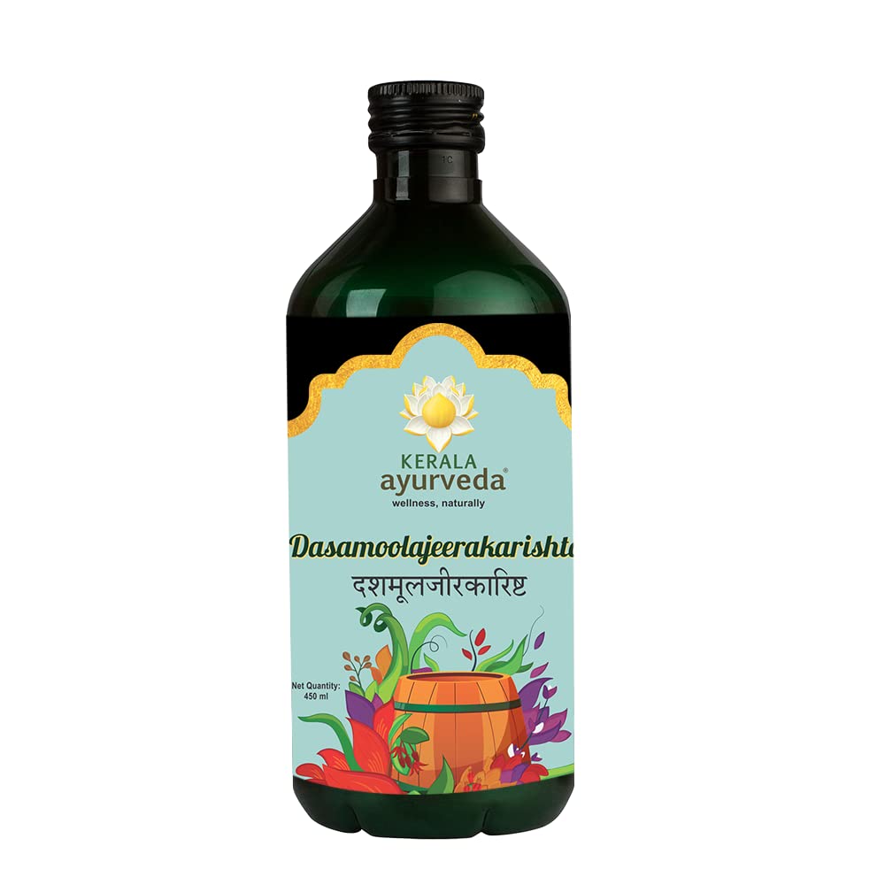 Front view of Kerala Ayurveda Dasamoolajeerakarishta 450 ml bottle