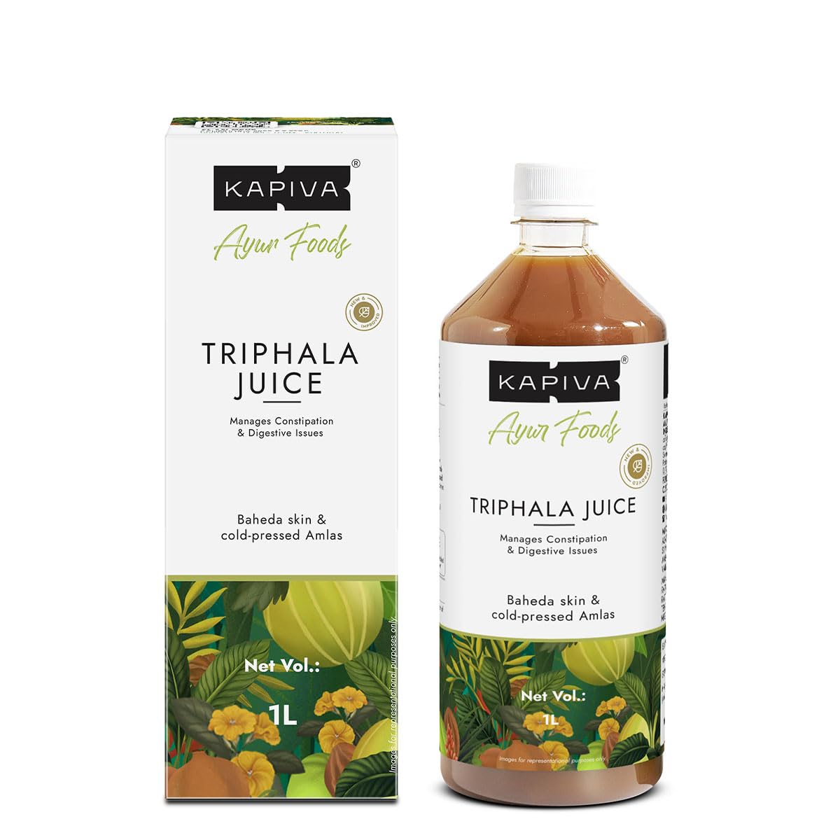 Kapiva Triphala Juice bottle front view with herbal Triphala formula