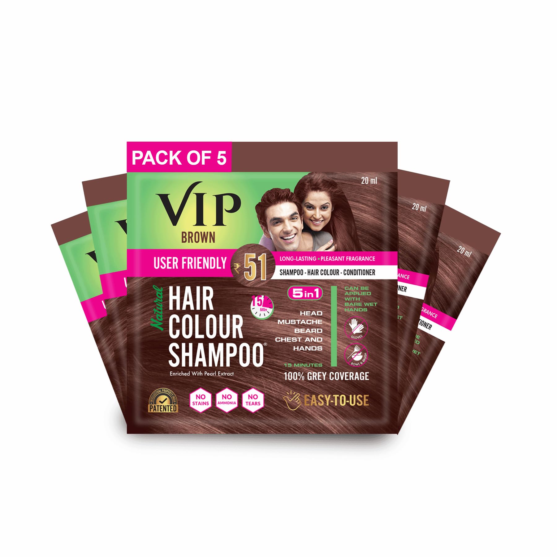 Brown VIP hair colour shampoo sachet pack for men and women
