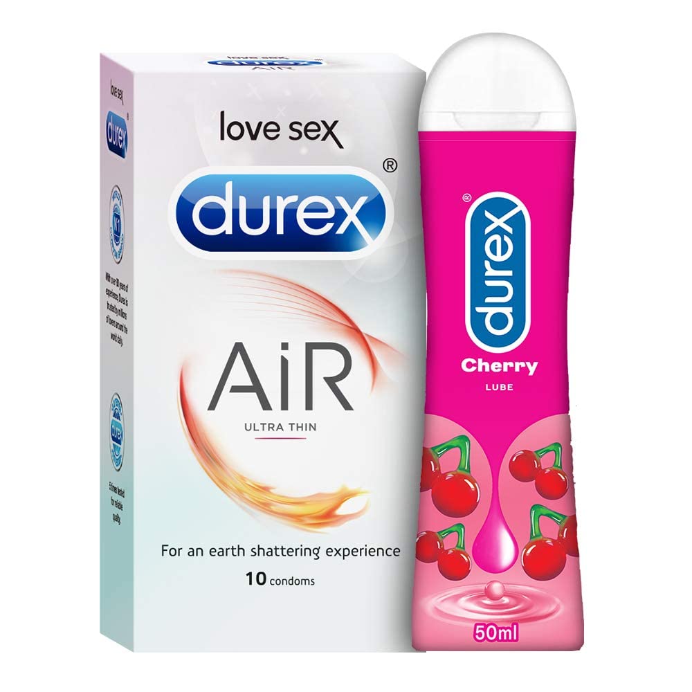 Durex Air Condoms for Men, 10 Count with Durex Lube Cherry Flavoured Lubricant Gel for Men & Women (50ml, Water Based Lube, Suitable for Use with Toys)