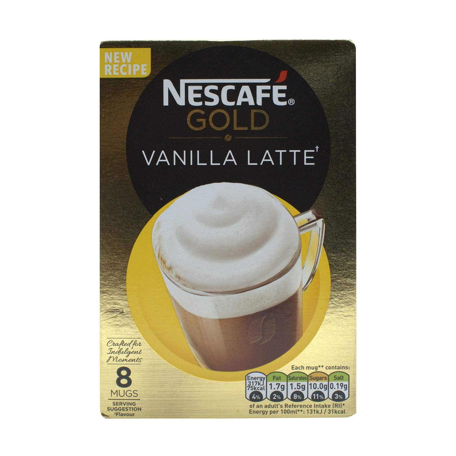 Box of Nescafe Gold vanilla latte instant coffee premix sachets