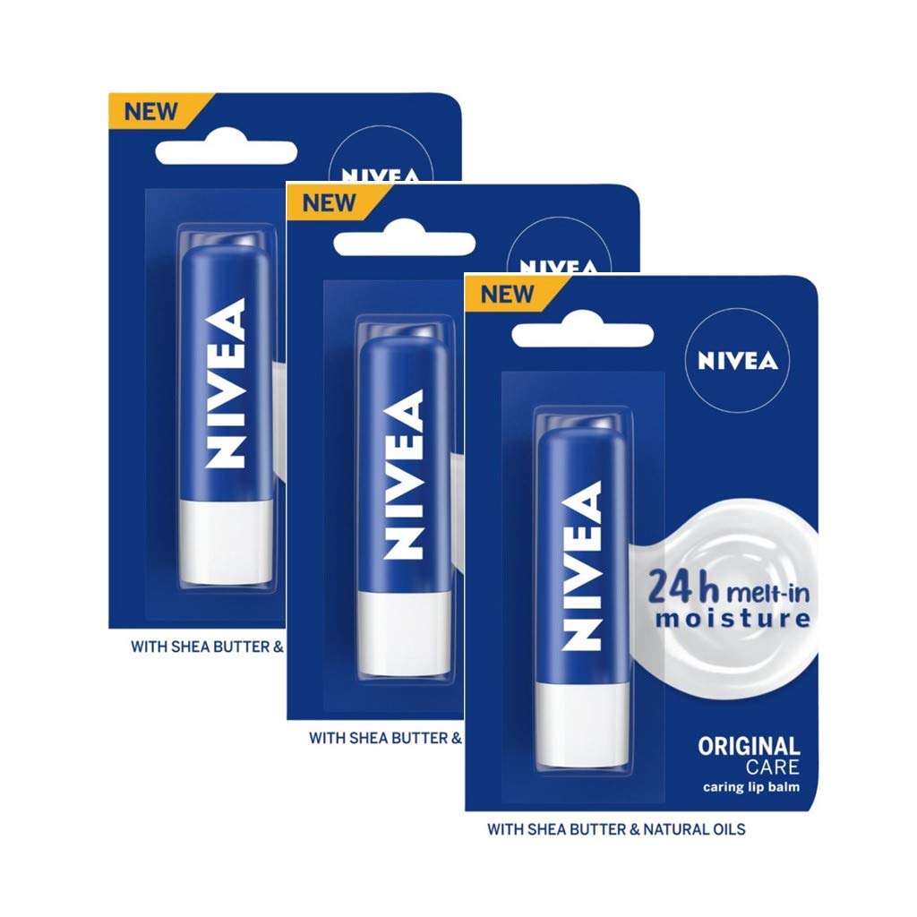 Three blue Nivea Essential Care Lip Balm tubes front view