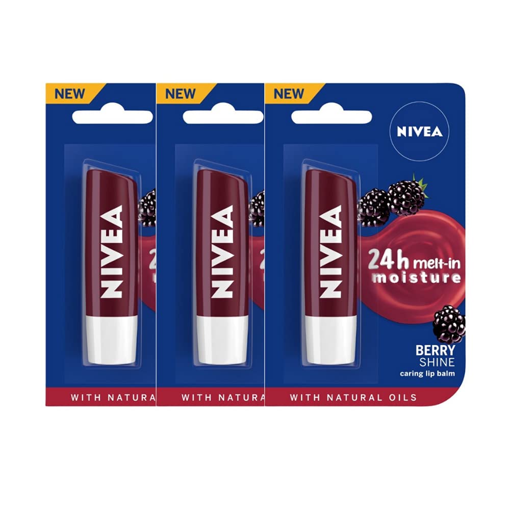 Three Nivea Fruity Berry Shine lip balm sticks with berry tint
