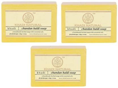 Pack of three Khadi Natural turmeric soap bars with box