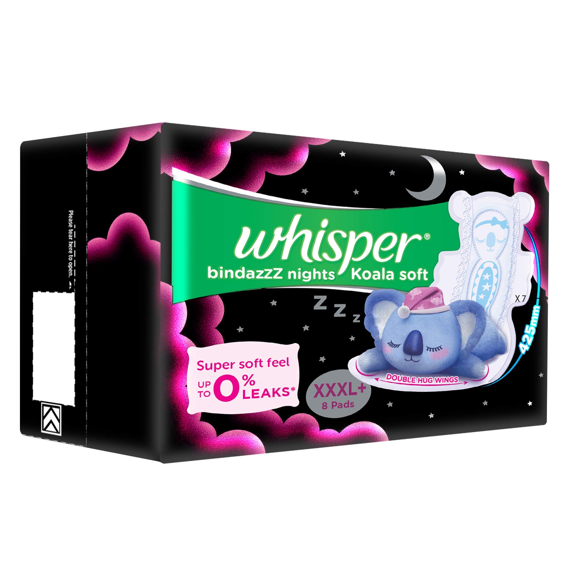 WHISPER BINDAZZZ NIGHTS KOALA SOFT SANITARY PADS, 8 XXXL+ PADS, UPTO 0% LEAKS, 85% LONGER & WIDER BACK, SUPER SOFT TOPSHEET, DOUBLE HUG WINGS, DISPOSABLE WRAPPER, for women – view 2