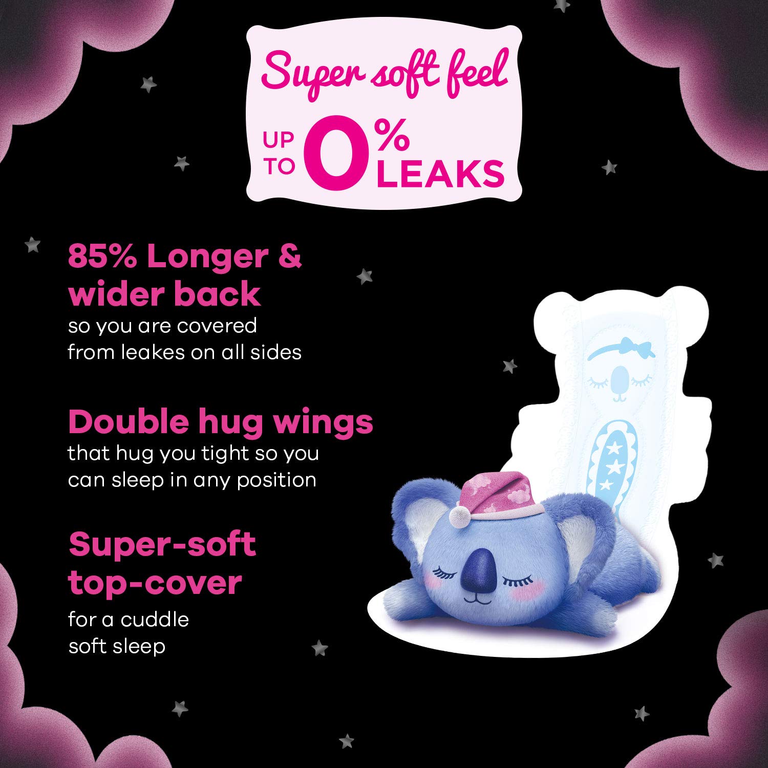 WHISPER BINDAZZZ NIGHTS KOALA SOFT SANITARY PADS, 8 XXXL+ PADS, UPTO 0% LEAKS, 85% LONGER & WIDER BACK, SUPER SOFT TOPSHEET, DOUBLE HUG WINGS, DISPOSABLE WRAPPER, for women – view 7