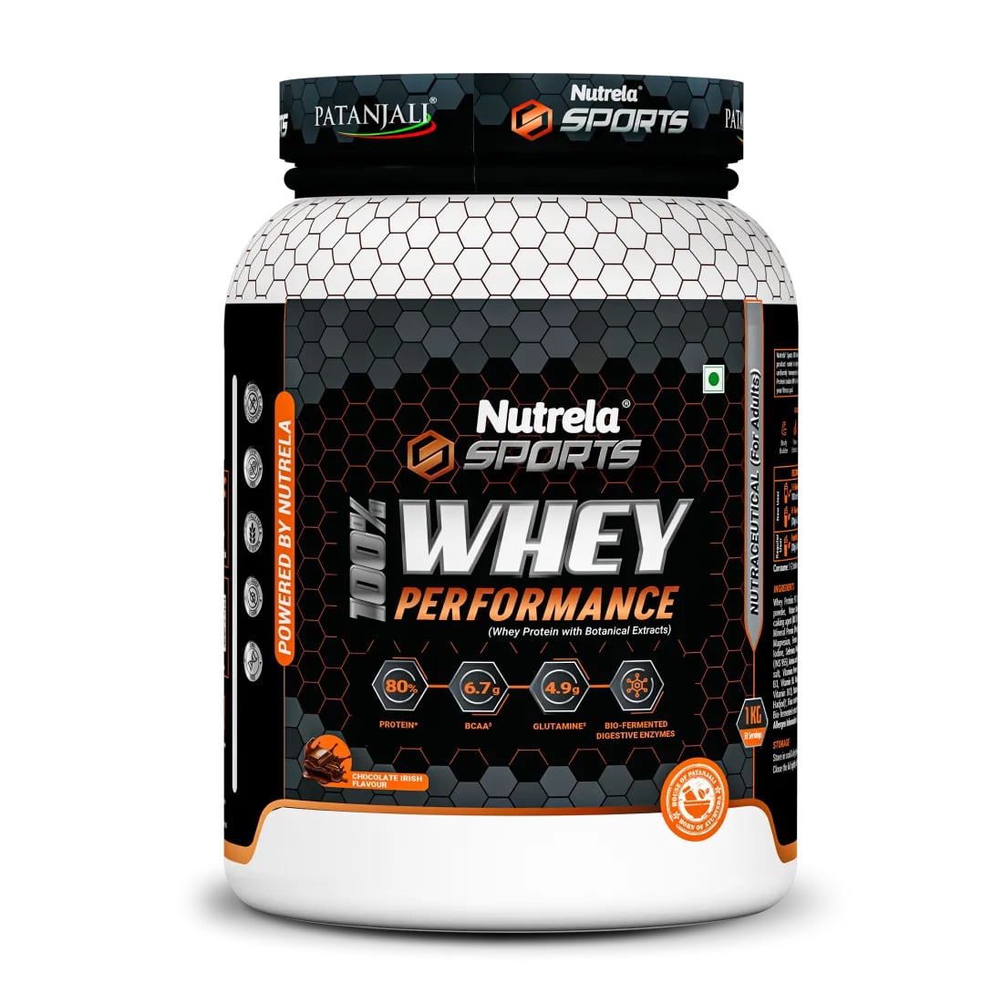 Chocolate whey protein isolate bottle from Nutrela Sports by Patanjali