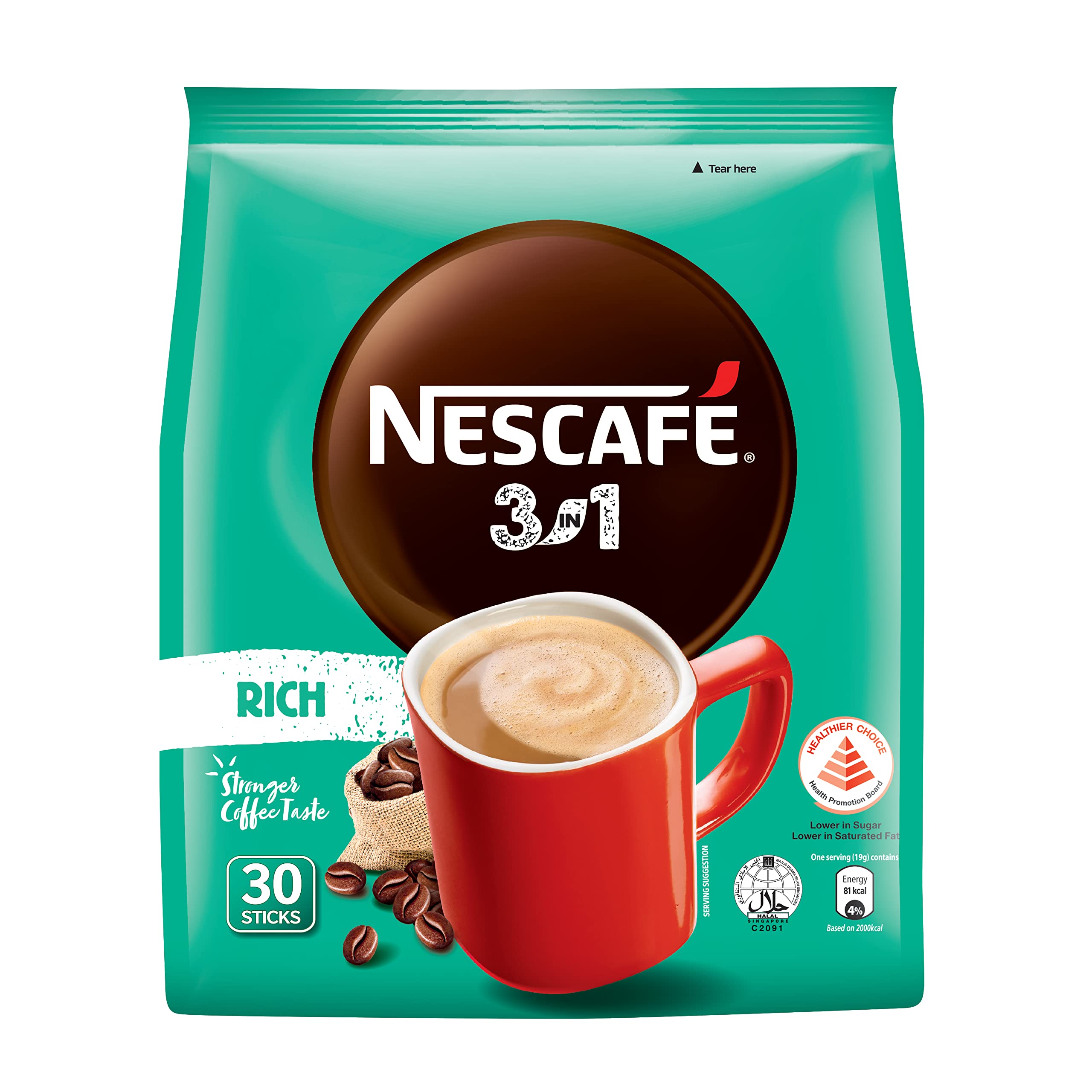 Front pack of Nescafe 3 in 1 rich coffee sachets bag