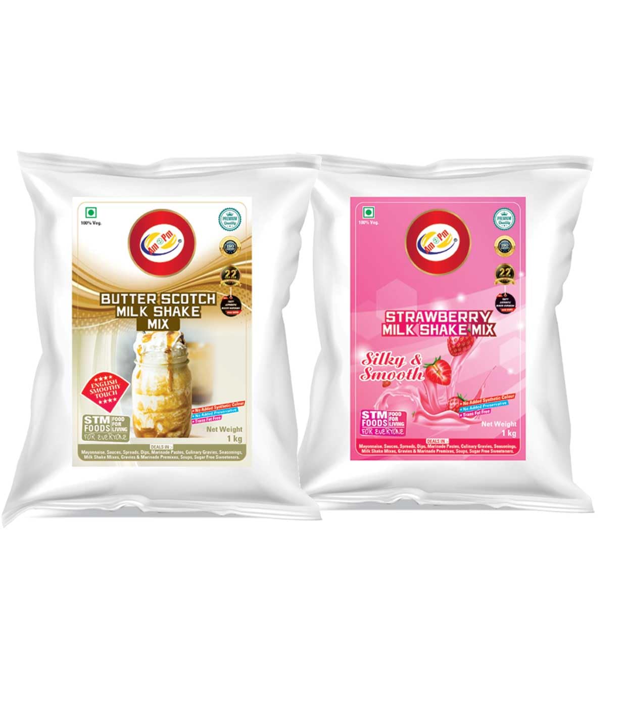 Two pouches of Am 2 Pm milk shake mix flavors