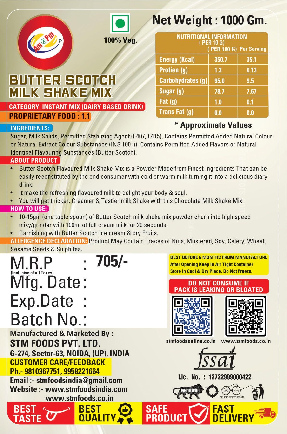 Am 2 Pm - Premium Silky Smoothy Milk Shake Mix, Instant Premix Drink Milkshake Powder, Pack of 2 (BUTTERSCOTCH + STRAWBERY (1KG EACH)) – view 8