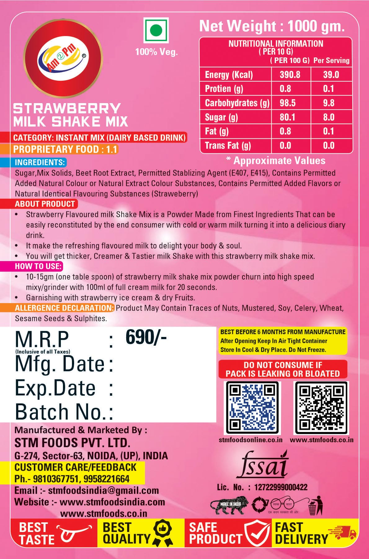 Am 2 Pm - Premium Silky Smoothy Milk Shake Mix, Instant Premix Drink Milkshake Powder, Pack of 2 (BUTTERSCOTCH + STRAWBERY (1KG EACH)) – view 9