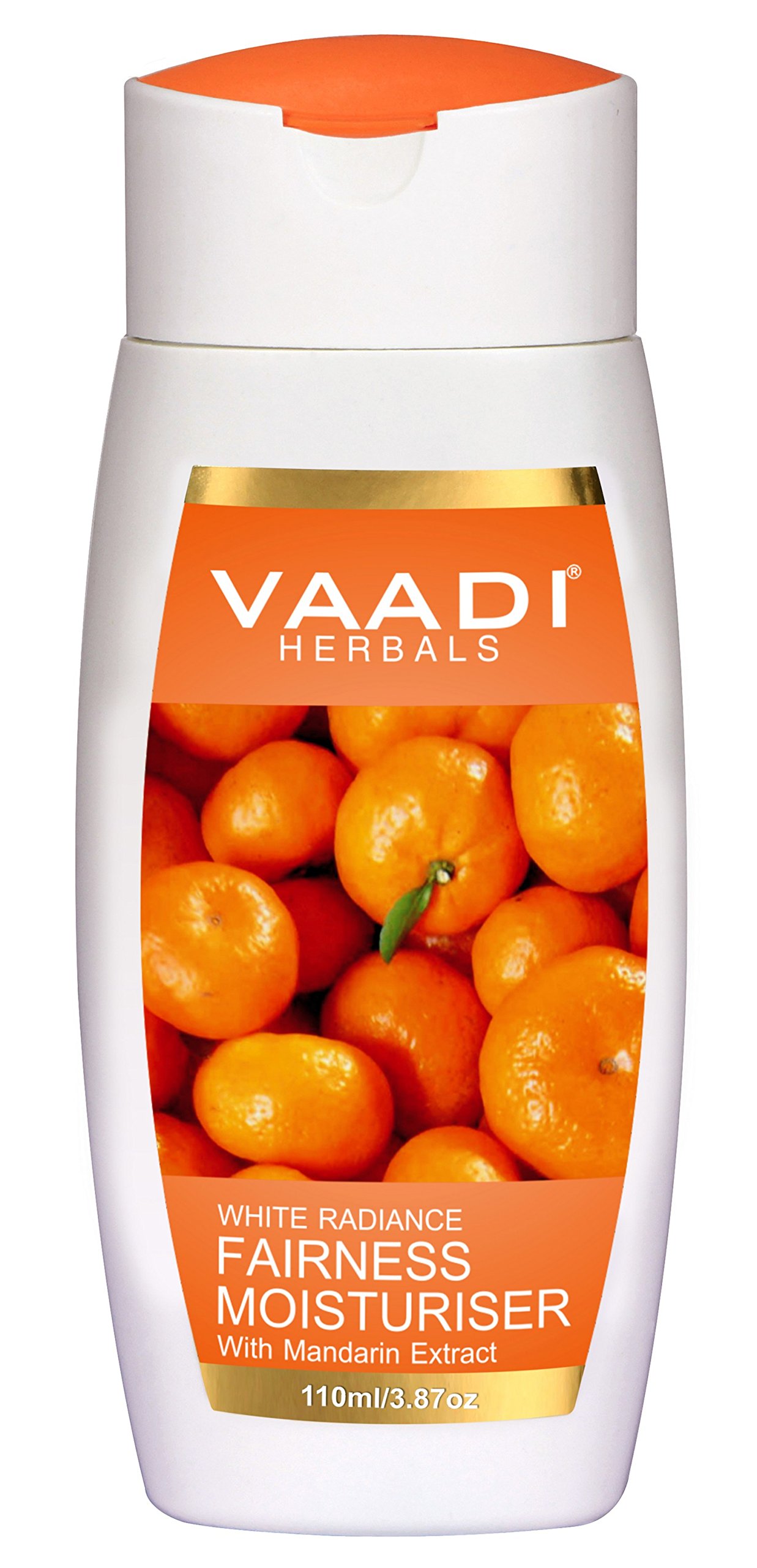 Front bottle of Vaadi Herbals fairness moisturiser with mandarin extract