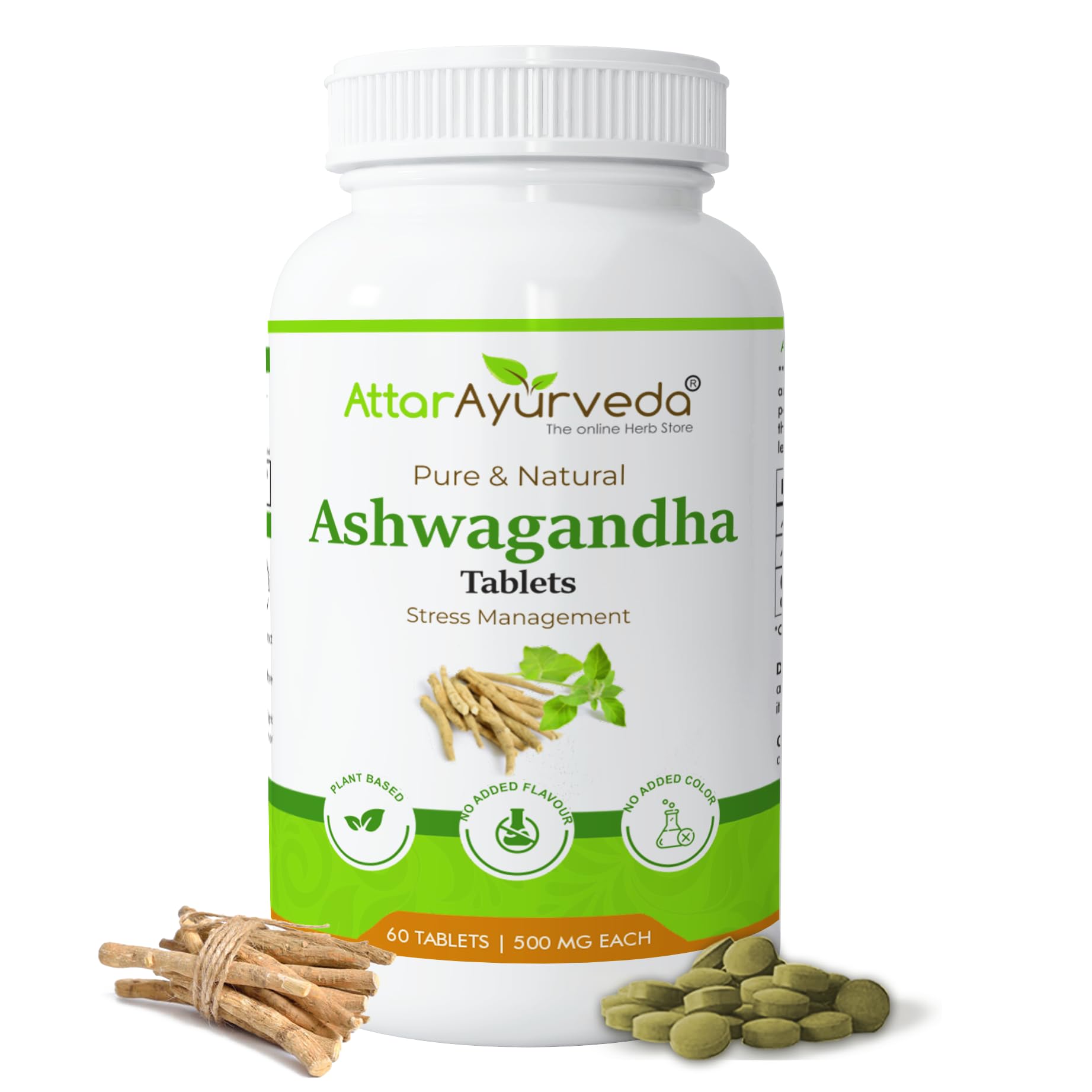 Bottle of ATTAR AYURVEDA Ashwagandha 500mg tablets, 60 count