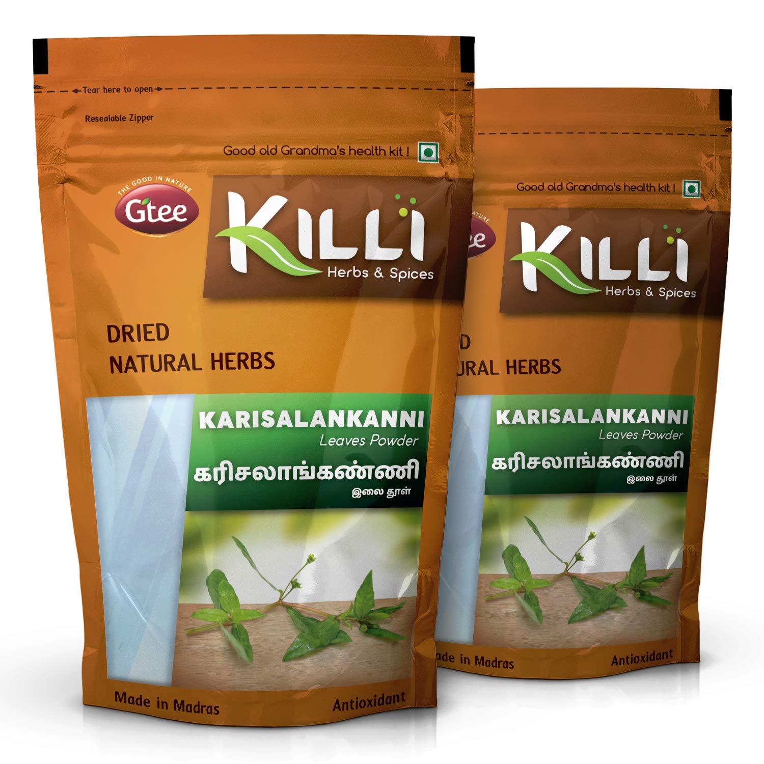 Two jars of KILLI Eclipta alba leaves powder