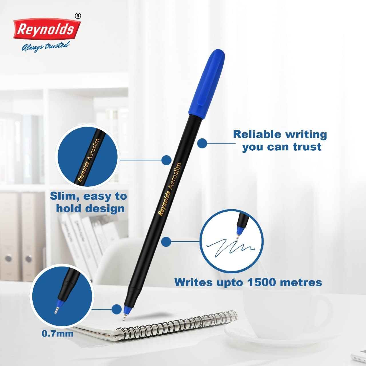 Reynolds AEROSLIM Ball Pen SET - 25 BLUE PENS WITH COMFORTABLE GRIP – view 4