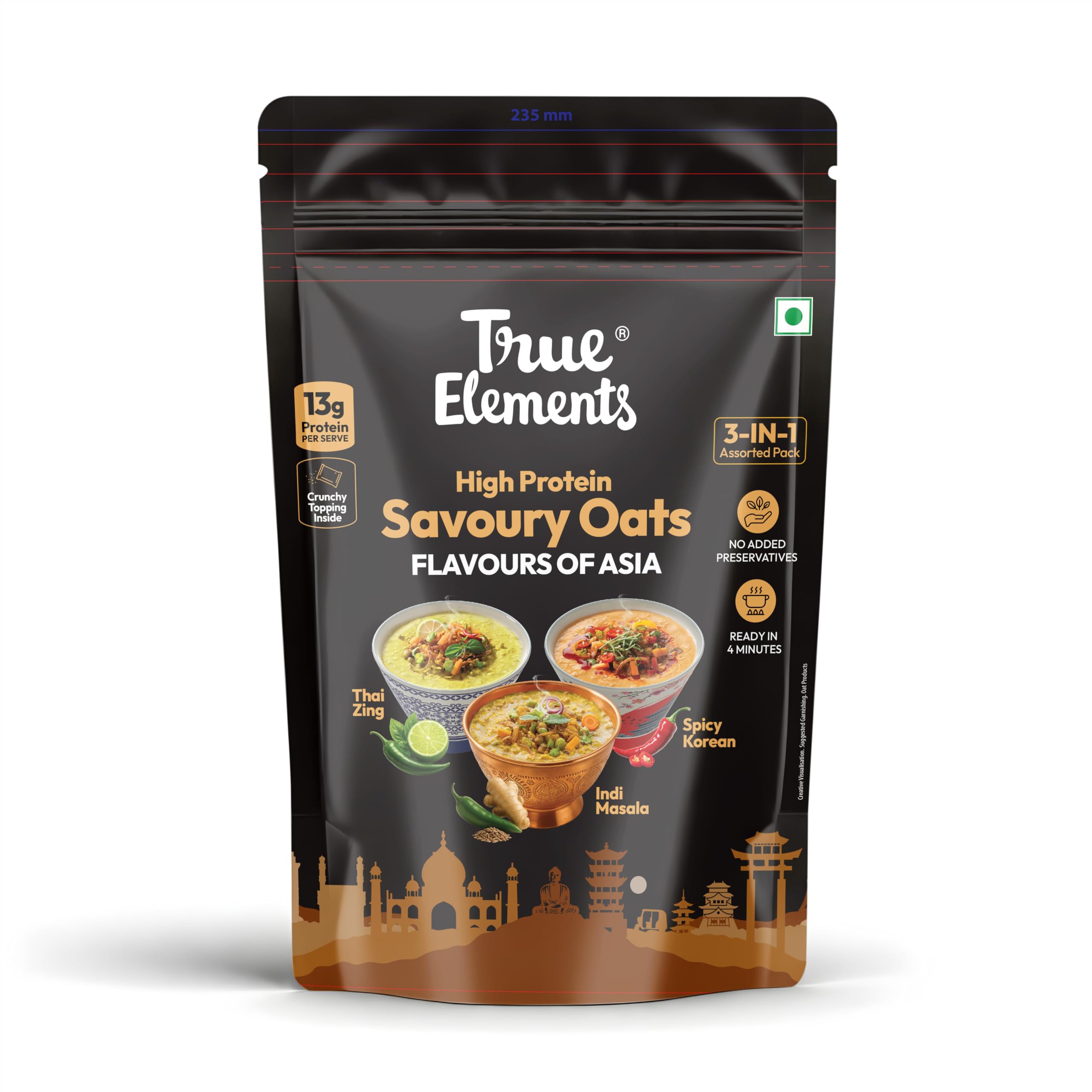 True Elements savoury oats pack with Asian-inspired flavour variants