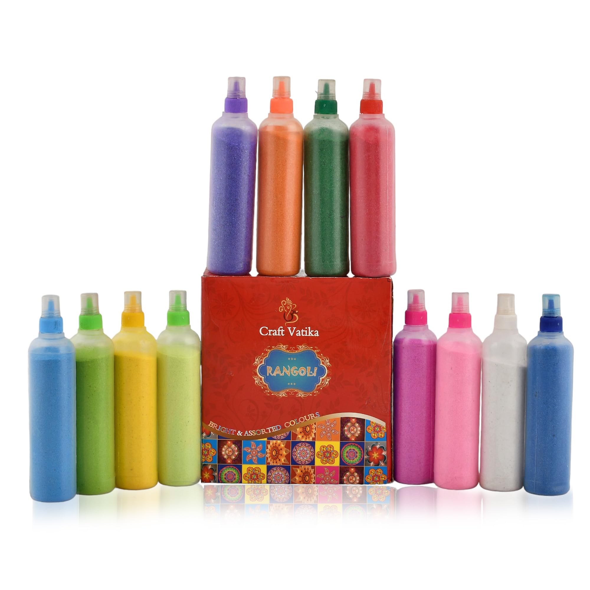 CraftVatika 12 Rangoli Kolam Colour Powder Tube Kit, Diwali Decoration Items Bottles Tool Floor Art Rang for Home Navratri Pongal Pooja Mandir Decor (Pack of 12) (1 Box- 12 Bottle) – view 2
