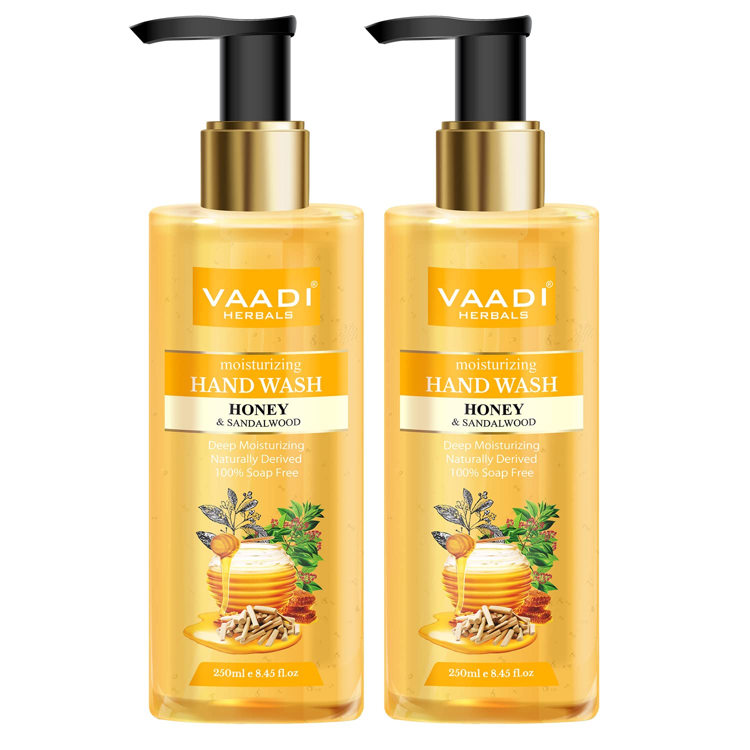 Two 250 ml bottles of Vaadi honey sandal hand wash