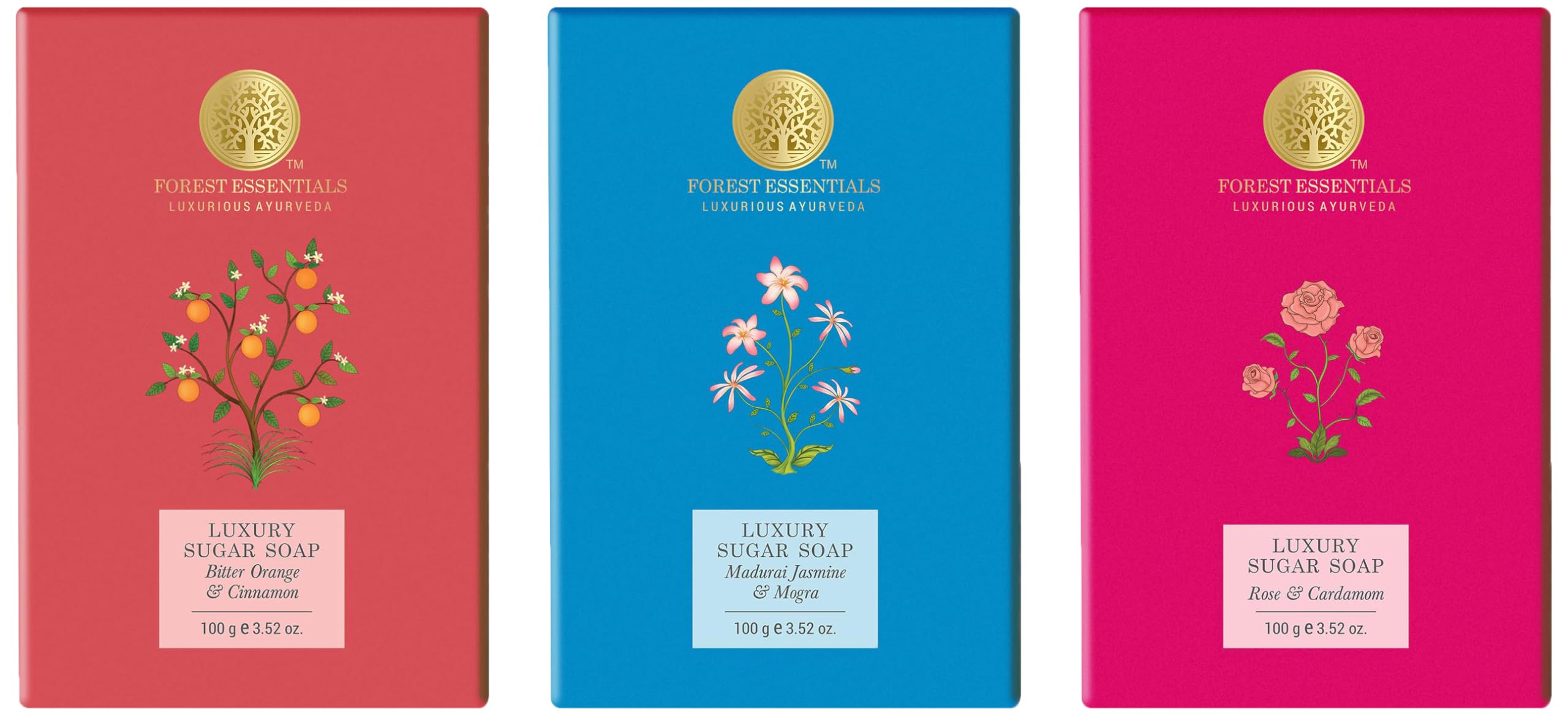 Boxed Forest Essentials Ayurvedic sugar soaps in jasmine, bitter orange, rose scents
