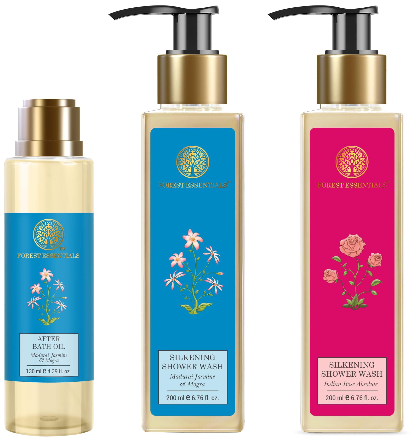 Forest Essentials jasmine and rose bath set with shower washes