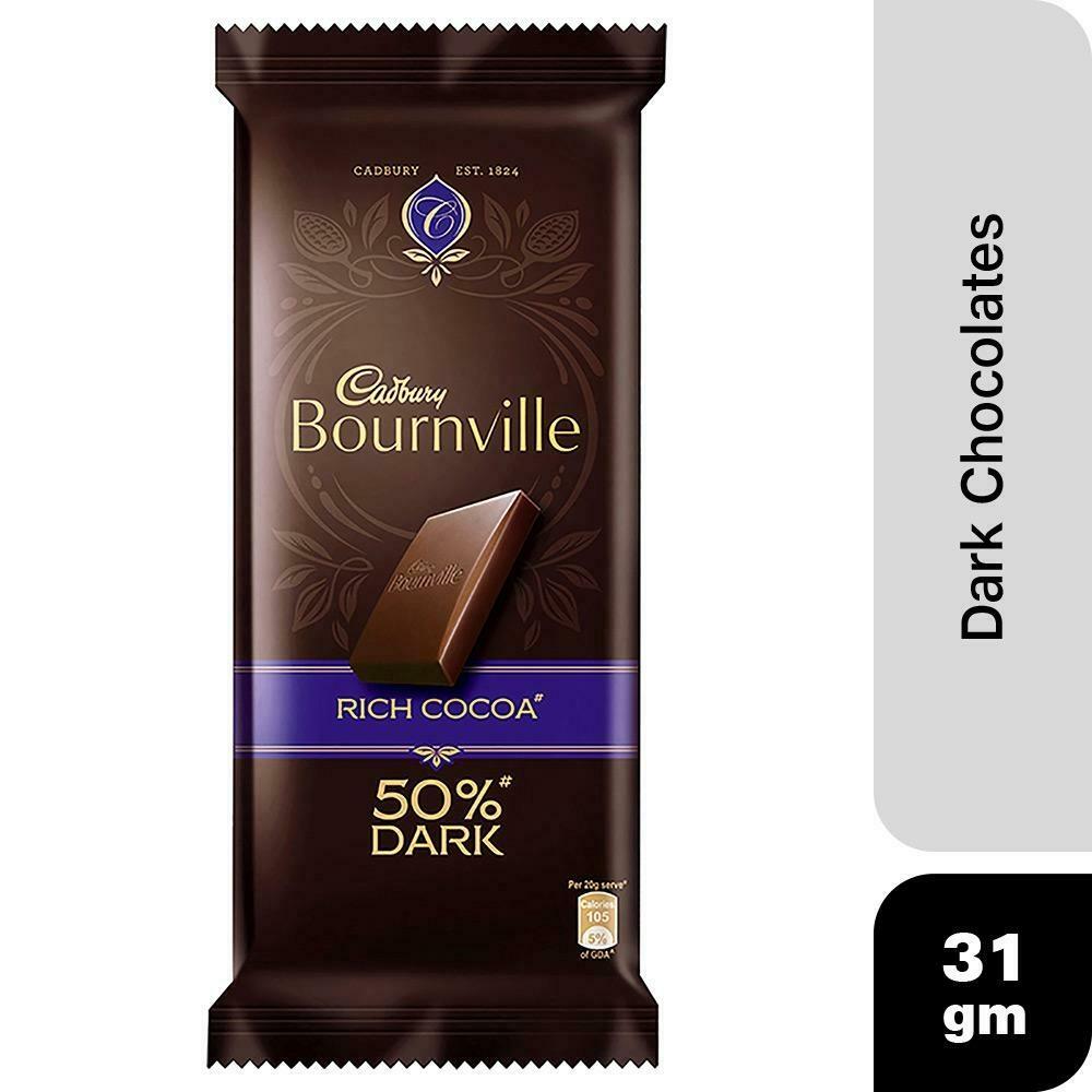 Cadbury Bournville dark chocolate bar pack with rich cocoa label